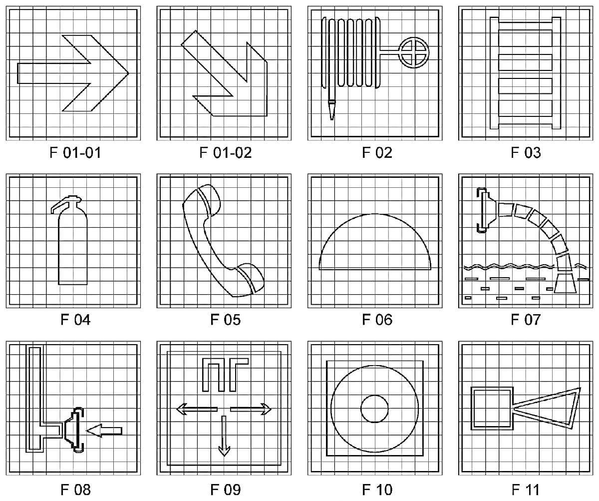 Набор знаков пожарной безопасности, включающий стрелку направления, лестницу, пожарный шланг, сигнал тревоги, телефон для вызова пожарной службы, глаза, работающий пожарный гидрант, распыляемый огонь, напор воды и эвакуационный план.