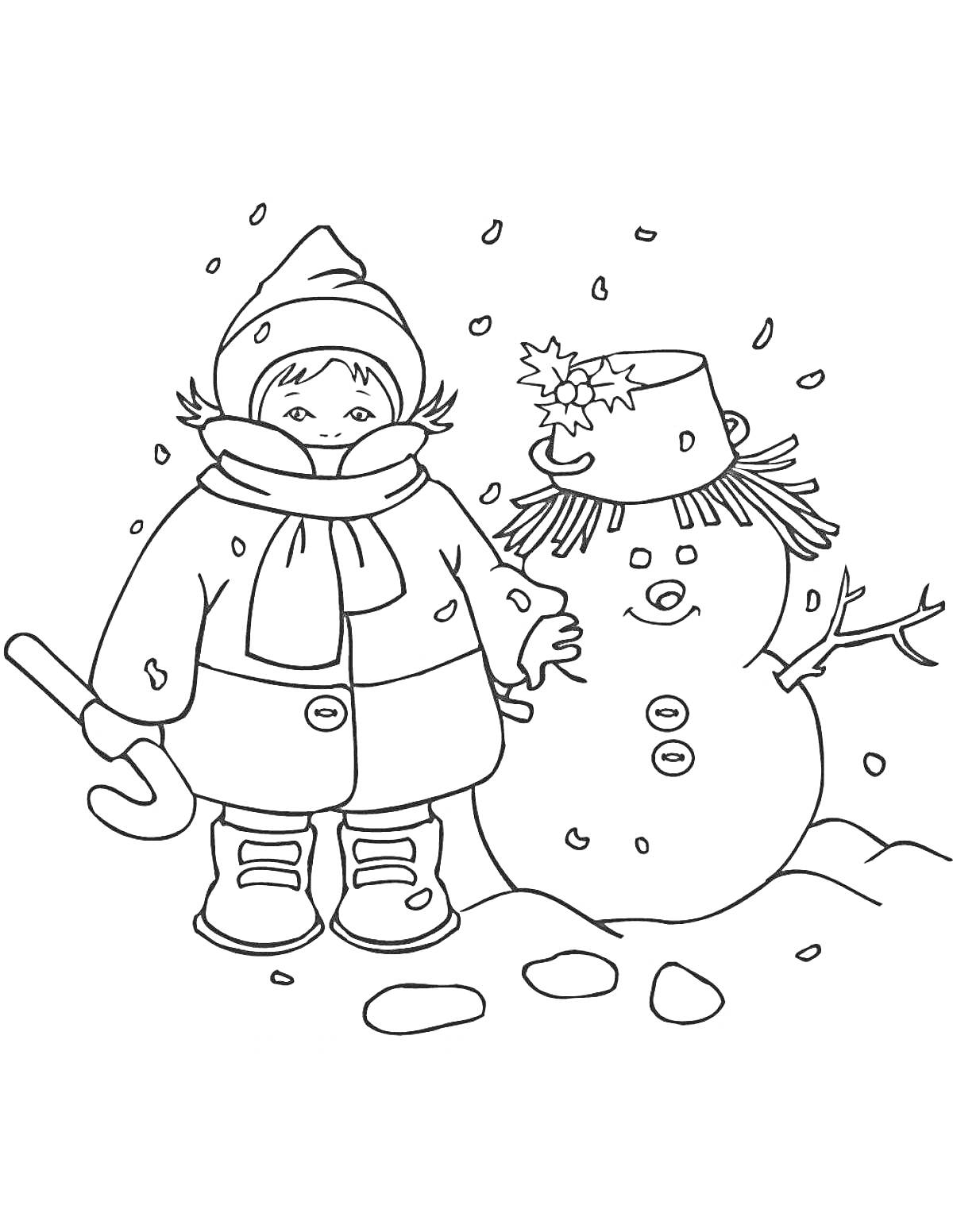 Раскраска Ребенок в зимней одежде и снеговик с ведром на голове