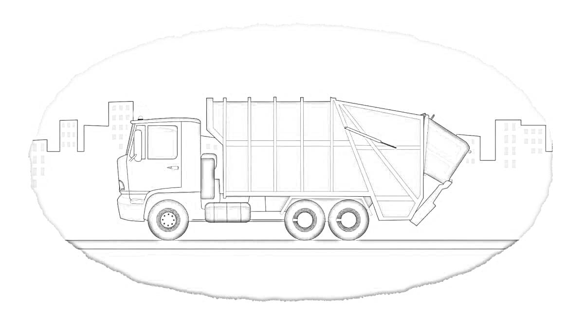 Грузовик с контейнером для мусора на фоне городских зданий