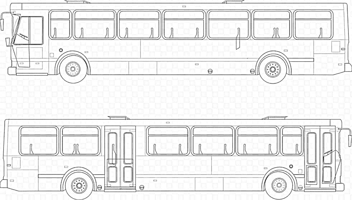 На раскраске изображено: Автобус, Транспорт, Окна, Колеса, Дверь