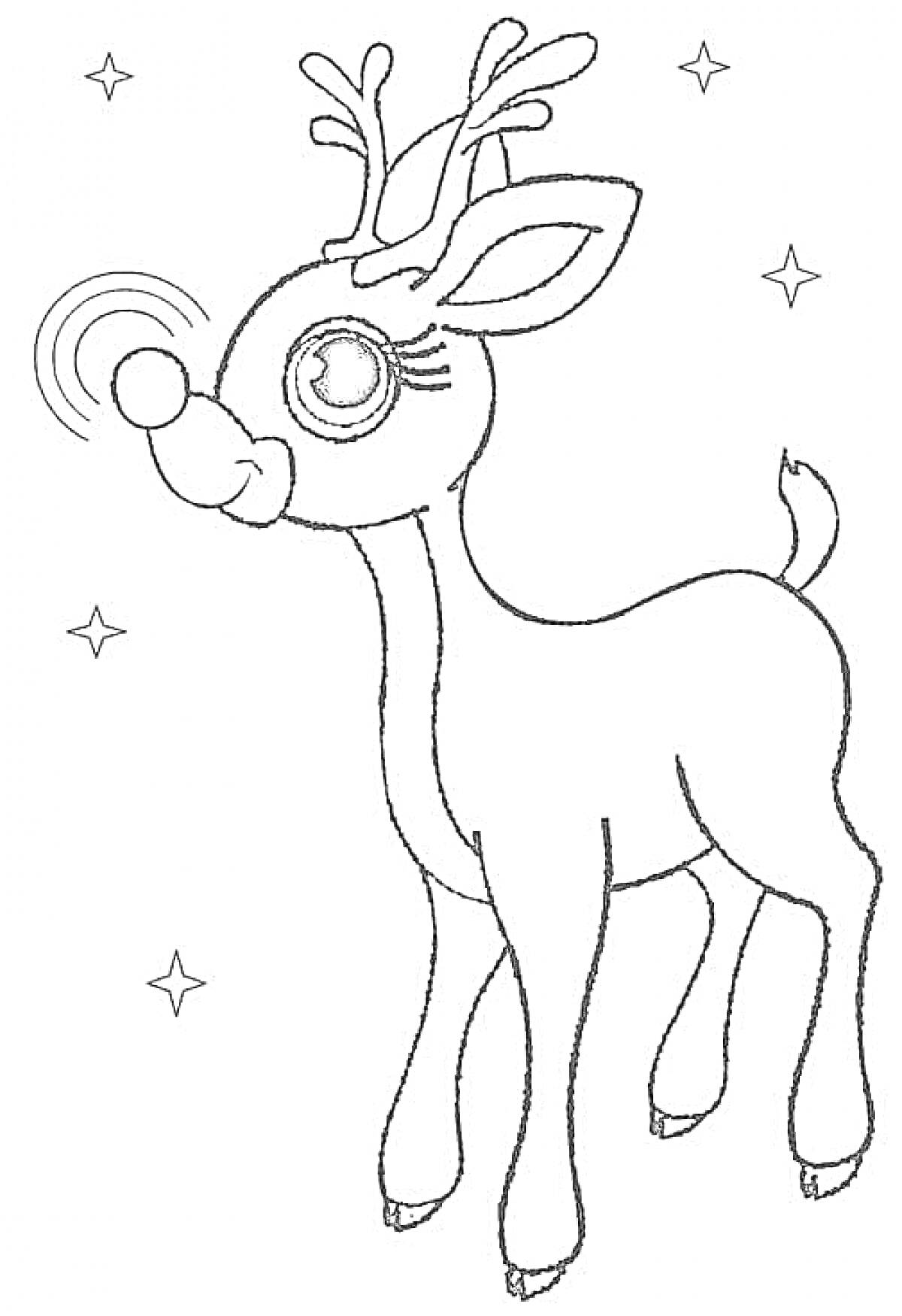 На раскраске изображено: Олень, Новогодний олень, Нос, Звезды, Для детей