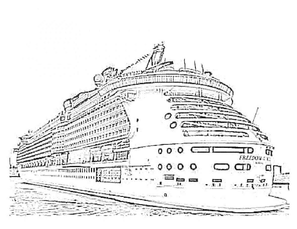 На раскраске изображено: Лайнер, Круизный корабль, Палубы, Иллюминаторы, Вода