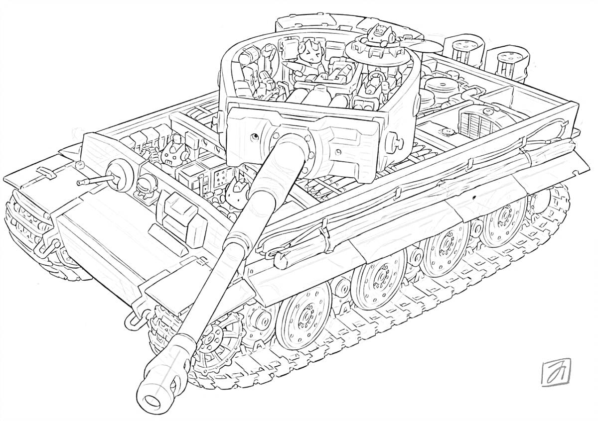 На раскраске изображено: Танк, Тигр, Оружие, Военная техника, Гусеницы, Орудие, Механизмы, Детали, Бронетехника