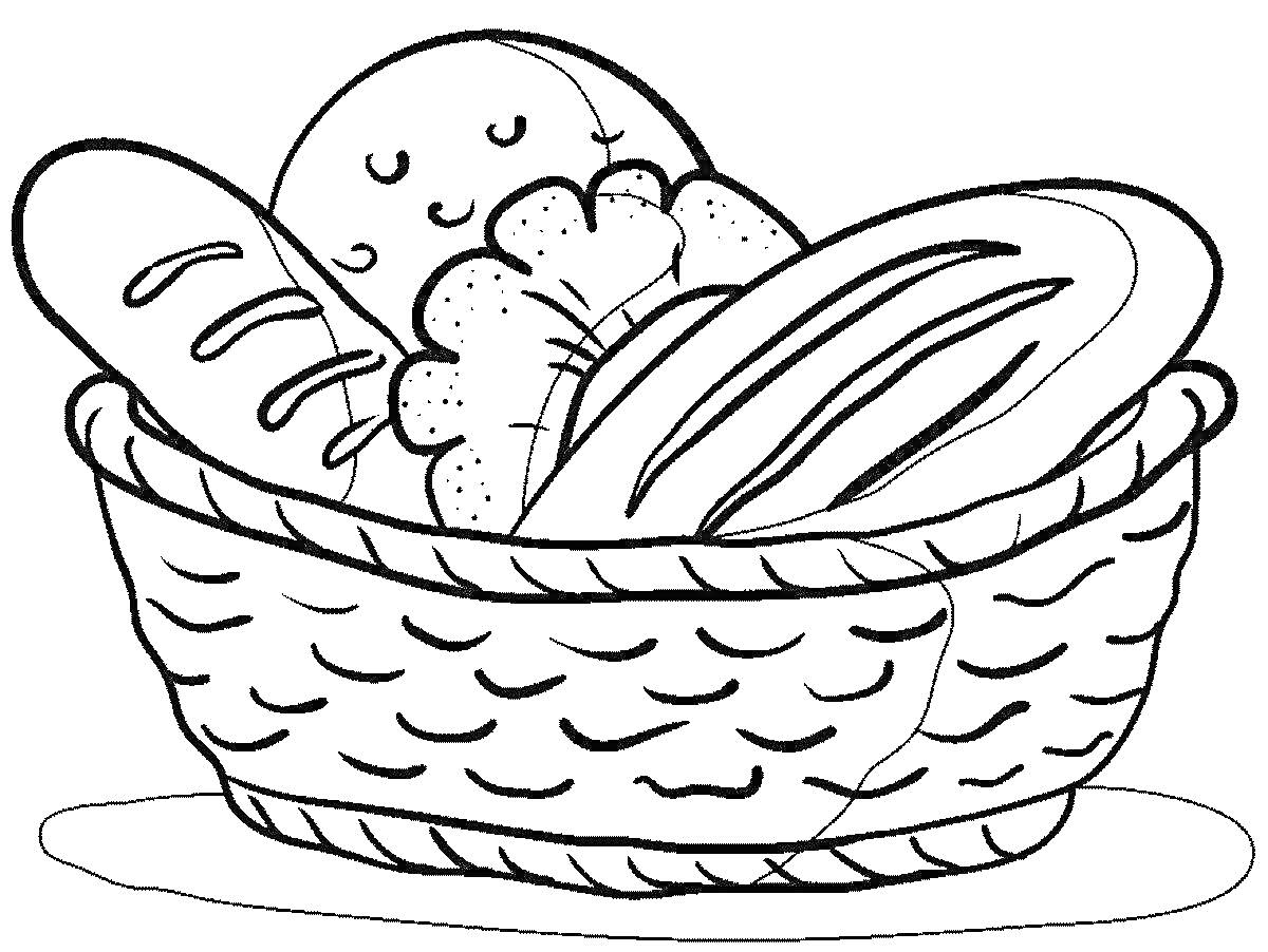 Раскраска Корзинка с хлебом и булочками