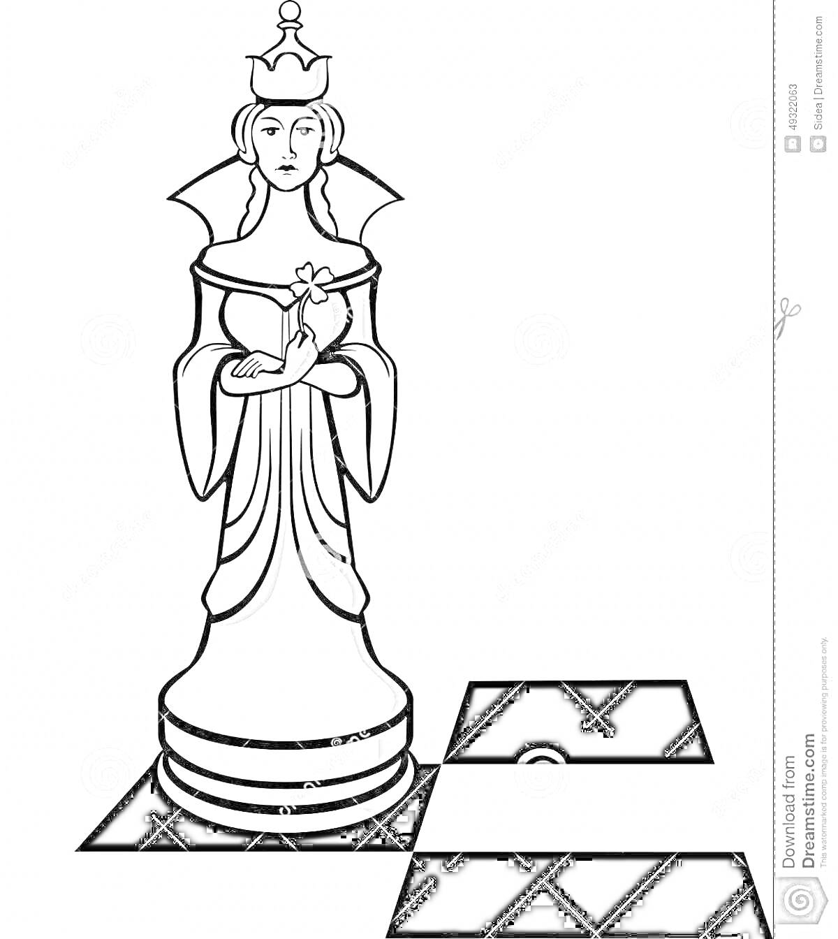 На раскраске изображено: Шахматы, Ферзь, Шахматная фигура, Королева, Игра, Корона