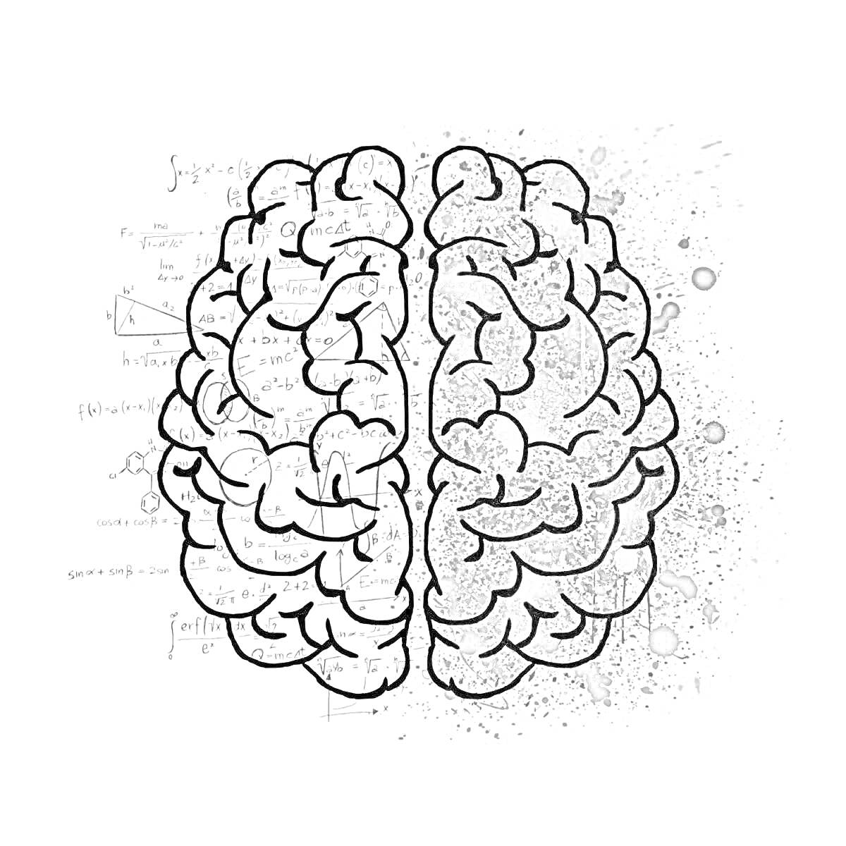 Раскраска Половинки мозга с рисунками, нотами и пятнами краски