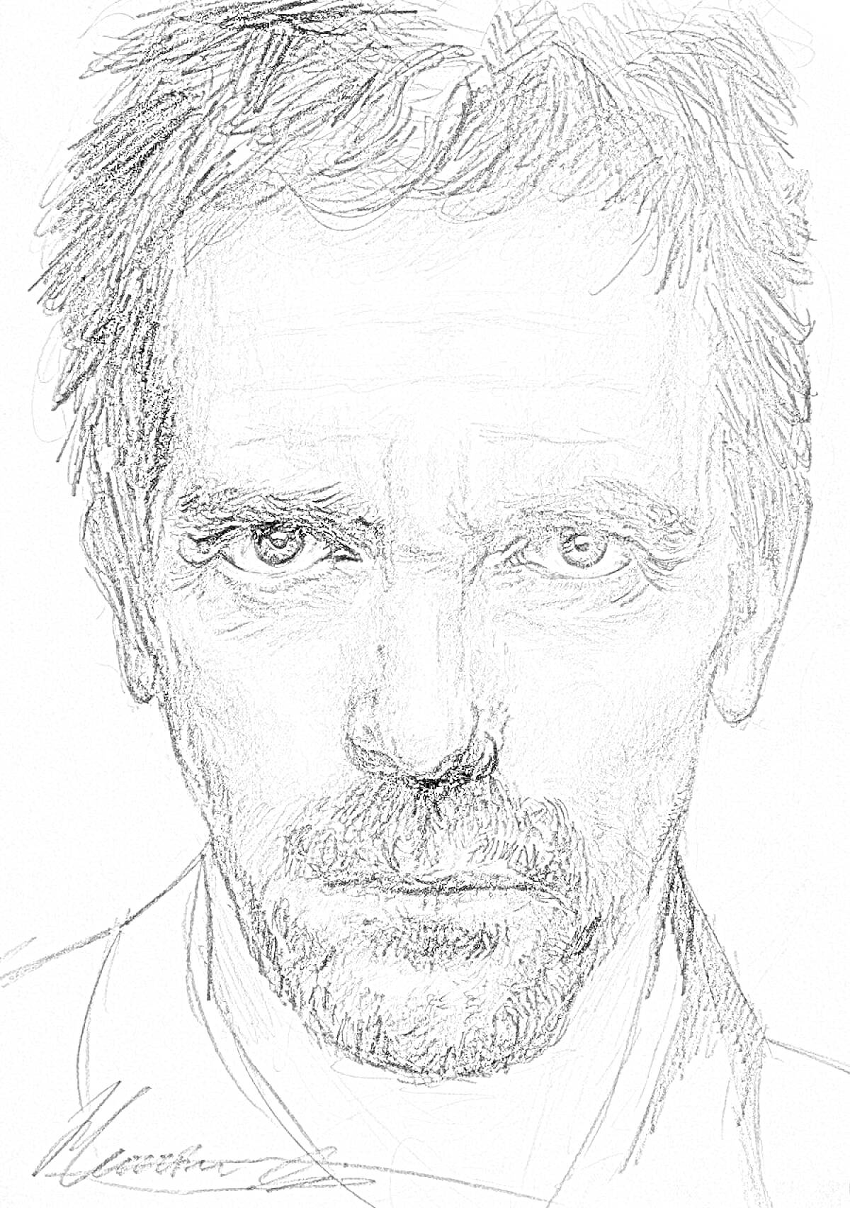 Раскраска Портрет мужчины с серьезным выражением лица в стиле графика, черно-белая раскраска
