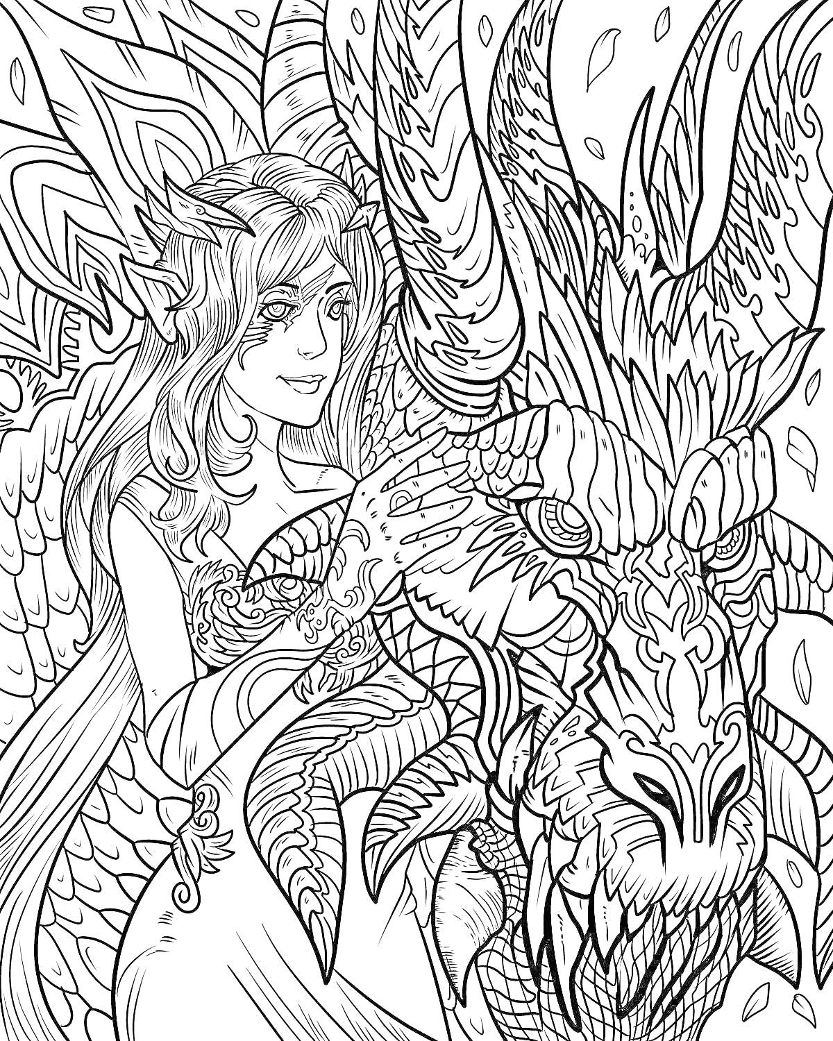 Раскраска Фея обнимает большого дракона, фон из мечтательных узоров и падающих листьев