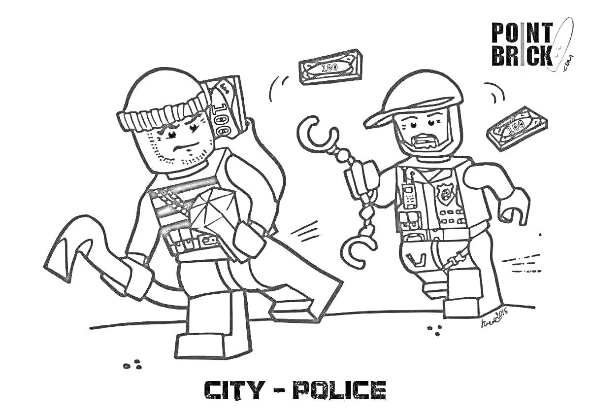 Раскраска Полиция и грабитель в Лего городе; грабитель с ломом и сумкой денег, полиция с наручниками, разлетающиеся деньги.