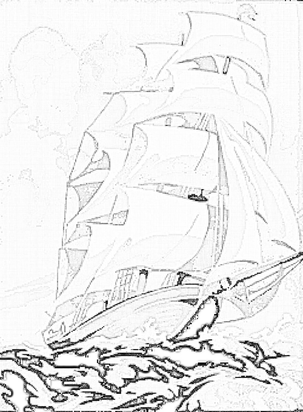 Раскраска Парусный корабль на морских волнах под облачным небом