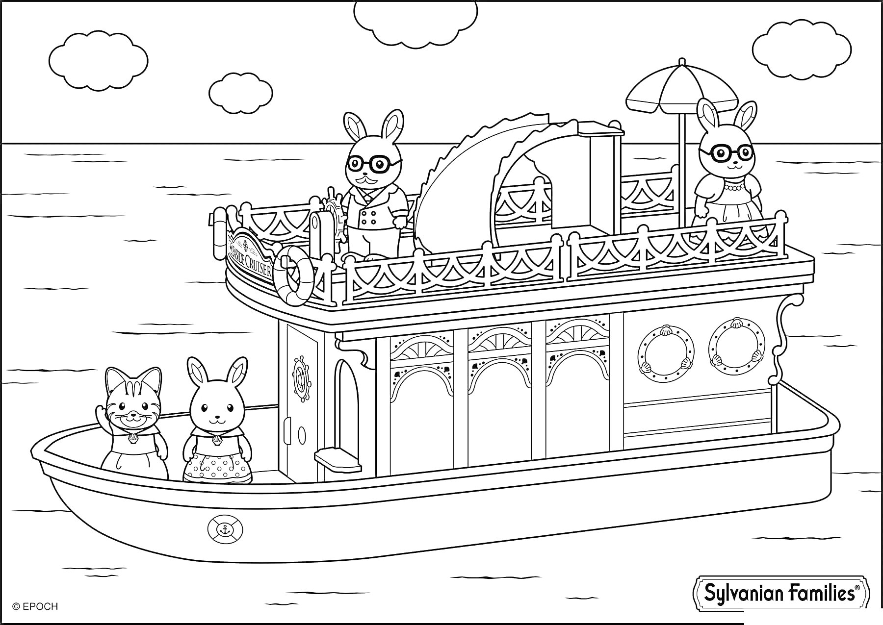 Раскраска Корабль с сильванианскими семьями, на палубе три кролика, два кролика на нижней палубе (один с бантиком), корабль с парусом, зонтиками и иллюминаторами, море и облака на заднем плане