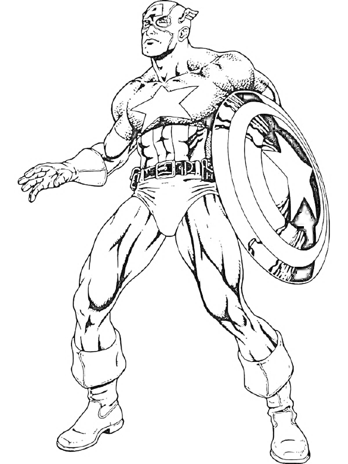 Раскраска Капитан Америка с щитом, стоящий в боевой стойке