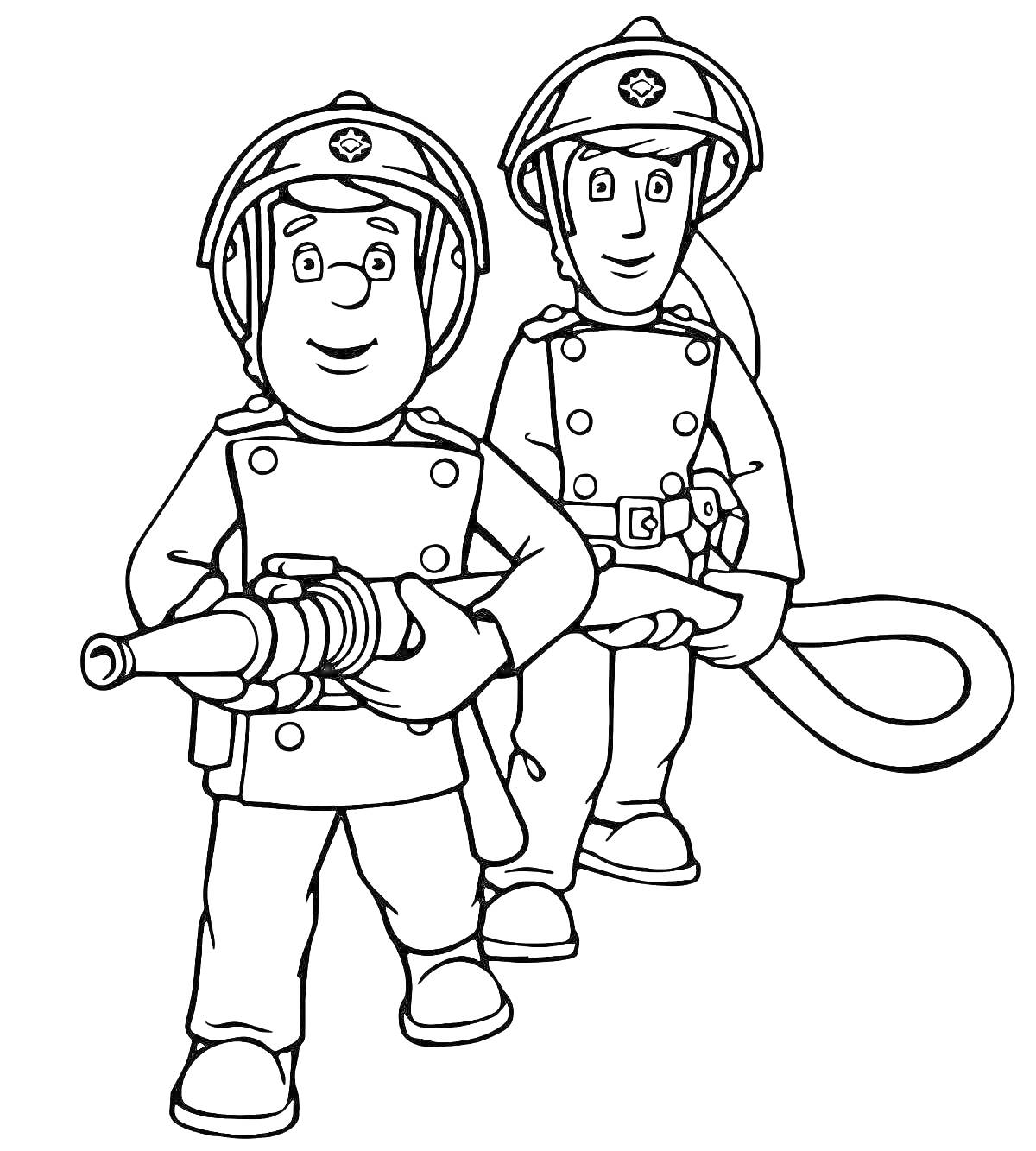 Раскраска Пожарные в форме с шлангом и огнетушителем