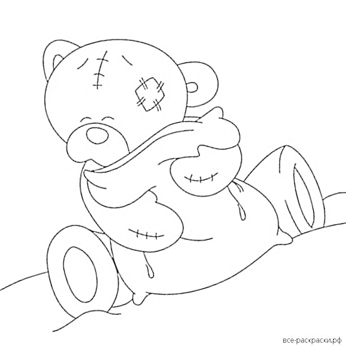 На раскраске изображено: Мишка тедди, Заплатки, Подушка, Сидящий медведь