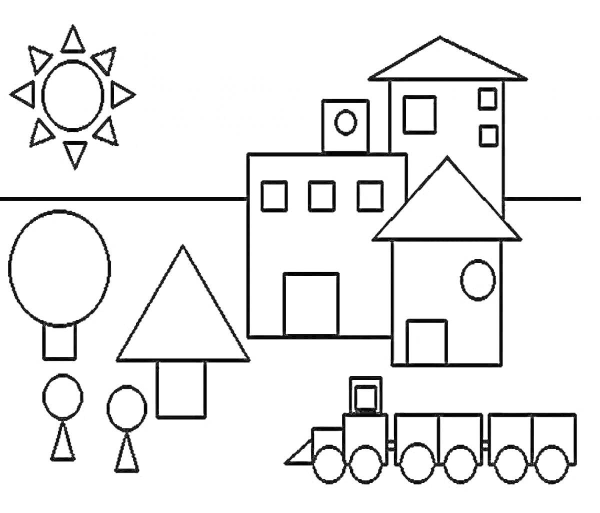 Город с геометрическими фигурами, состоящий из солнца, деревьев, людей, домов и поезда