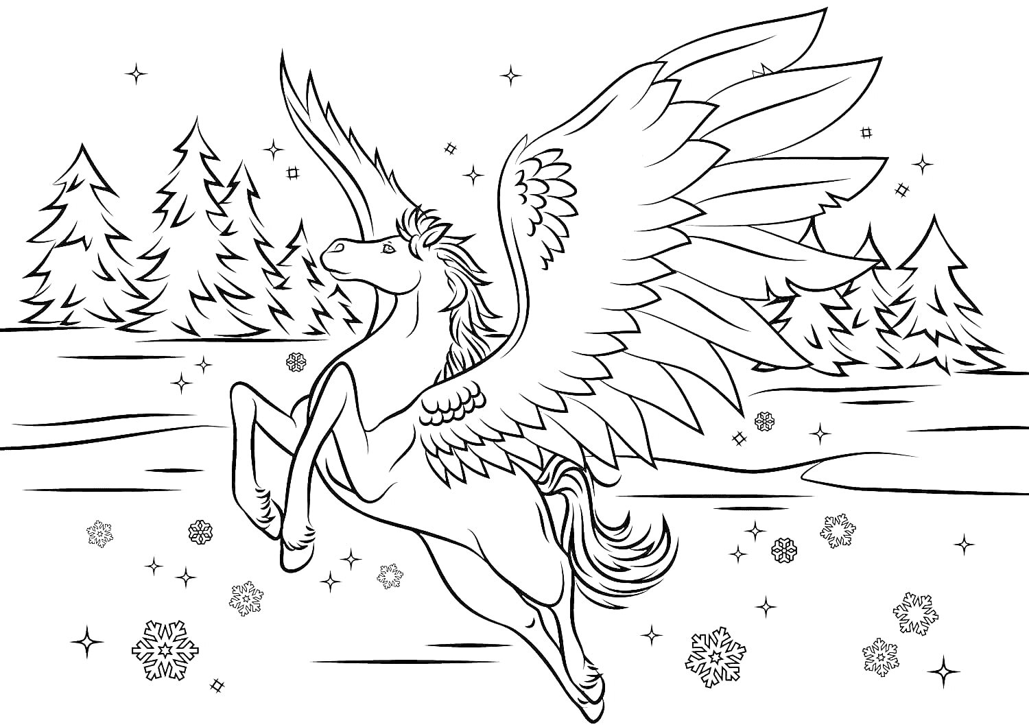 На раскраске изображено: Пегас, Зимний лес, Снежинки, Звезды, Крылатый конь, Природа, Лес