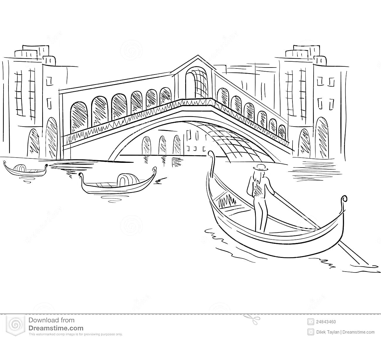 На раскраске изображено: Венеция, Мост, Река, Гондола, Здания, Архитектура, Европа, Канал, Гондольер