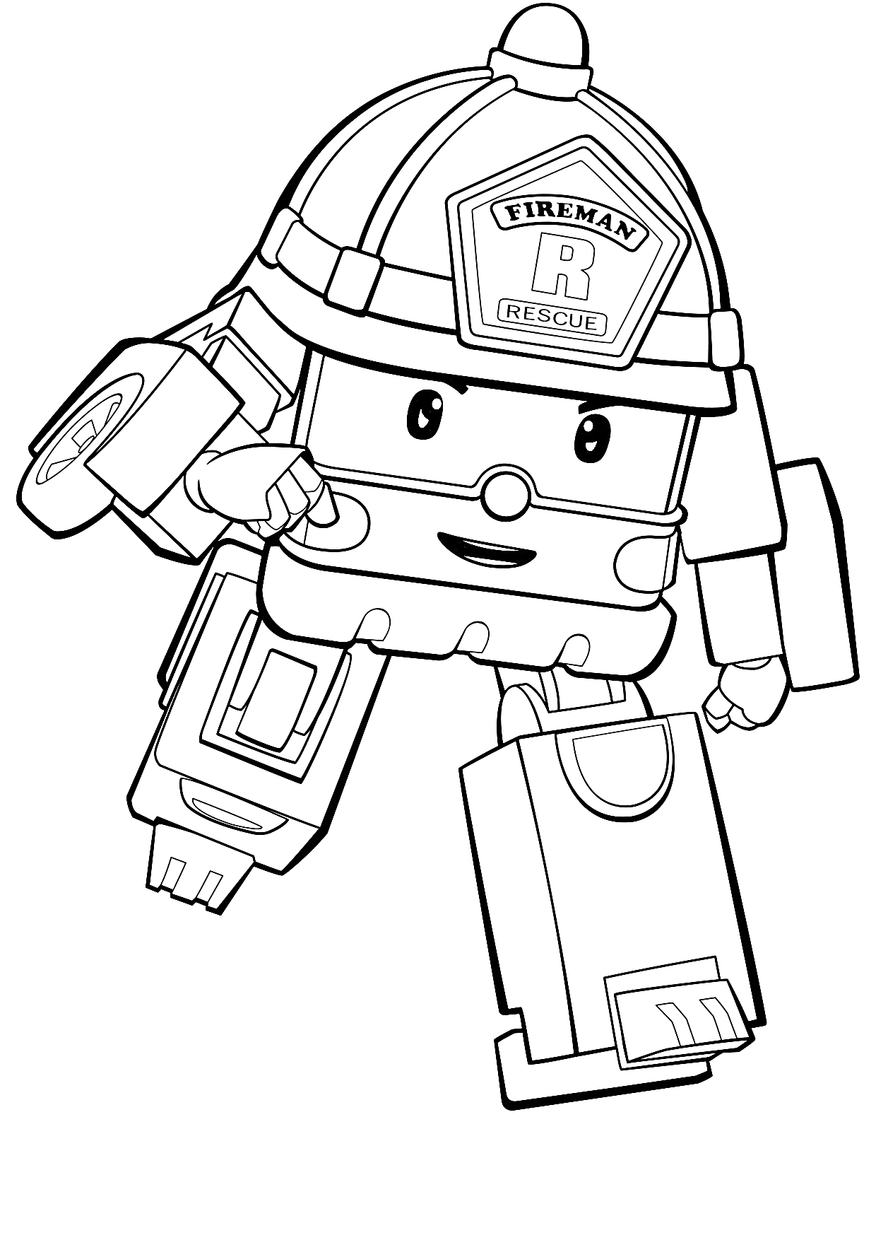 Раскраска Поли Робокар в форме пожарного, улыбающийся и готовый к действию