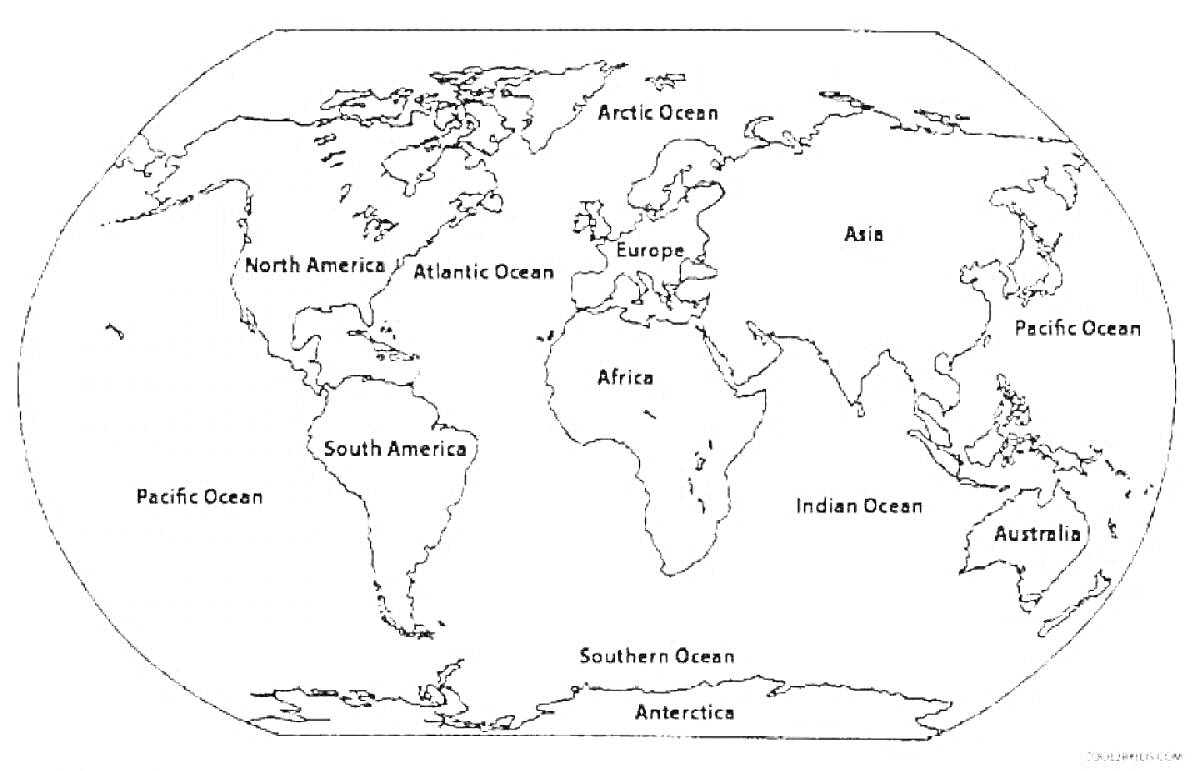 На раскраске изображено: Карта, Мир, Материки, Океаны, Европа, Азия, Африка, Северная Америка, Южная Америка, Австралия, Антарктида, Тихий океан, Атлантический океан, Индийский океан, Северный Ледовитый океан, География, Континенты