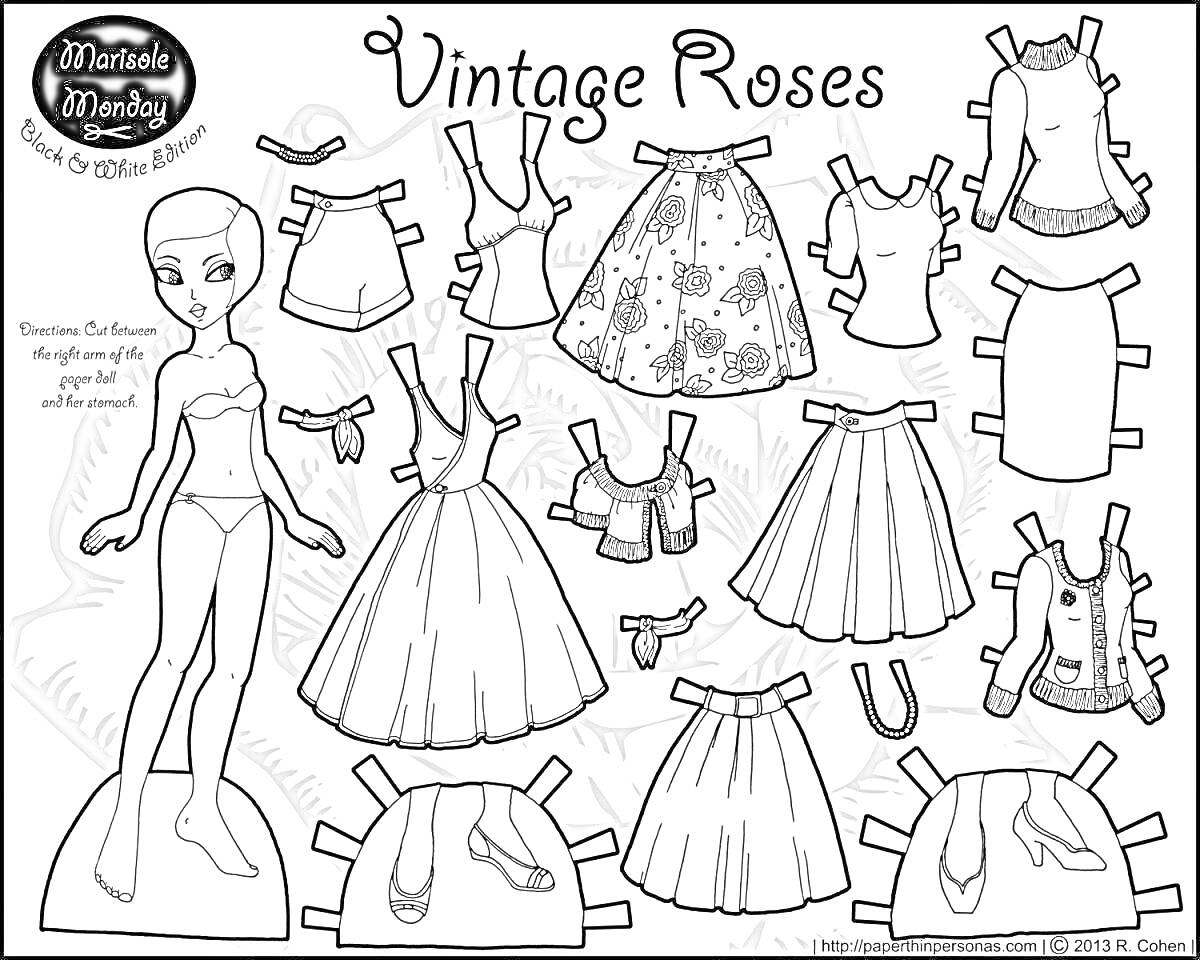 Раскраска кукла с набором одежды, включающим две юбки, семь топов, два платья, пояс, сумочку и пару туфель