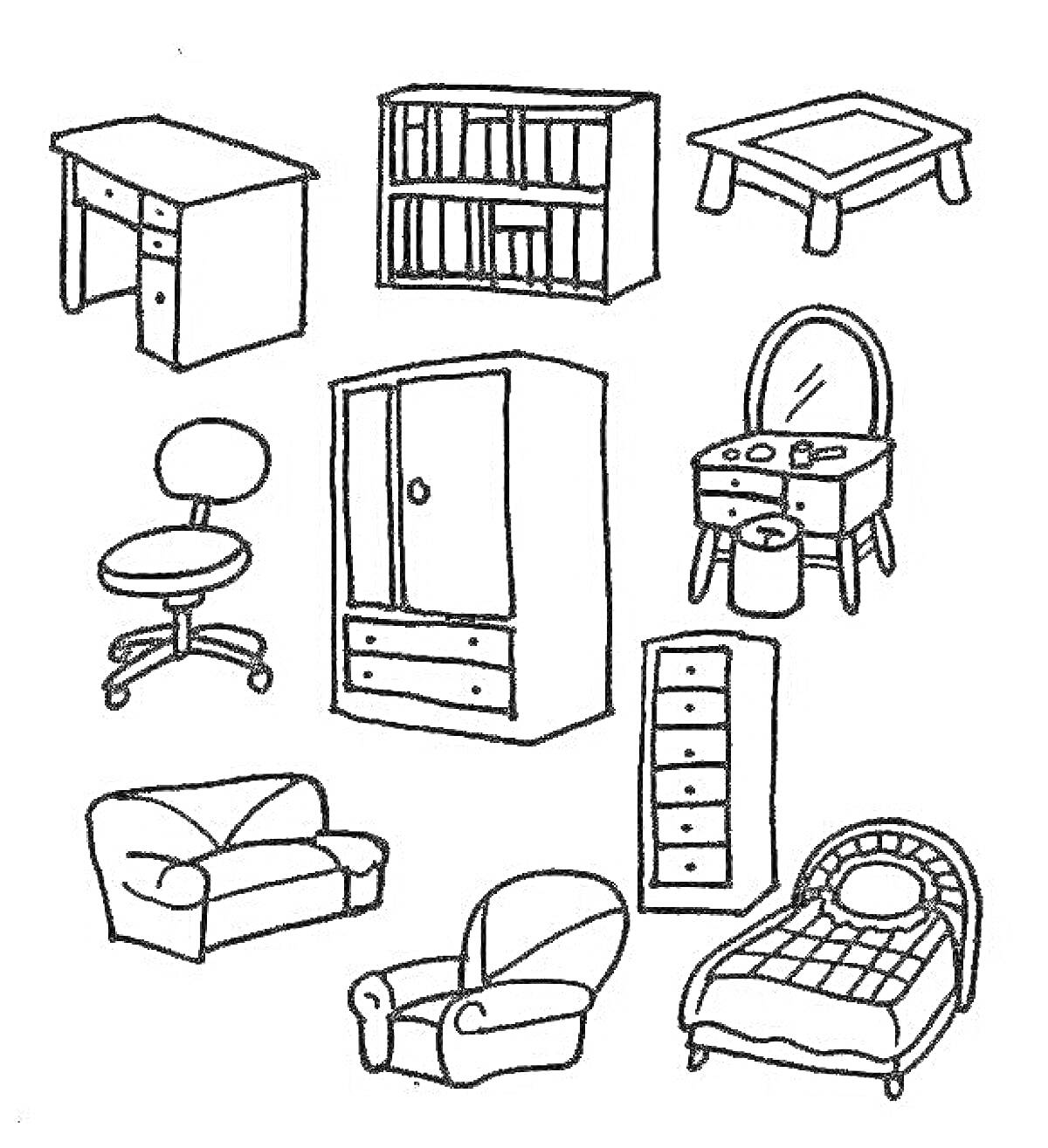 Раскраска Набор мебели для дошкольников: письменный стол с ящиками, книжный шкаф, столик, кресло на колесиках, двустворчатый шкаф с ящиками, туалетный столик с зеркалом и табуретом, диван, кресло, комод с ящиками, детская кровать с покрывалом