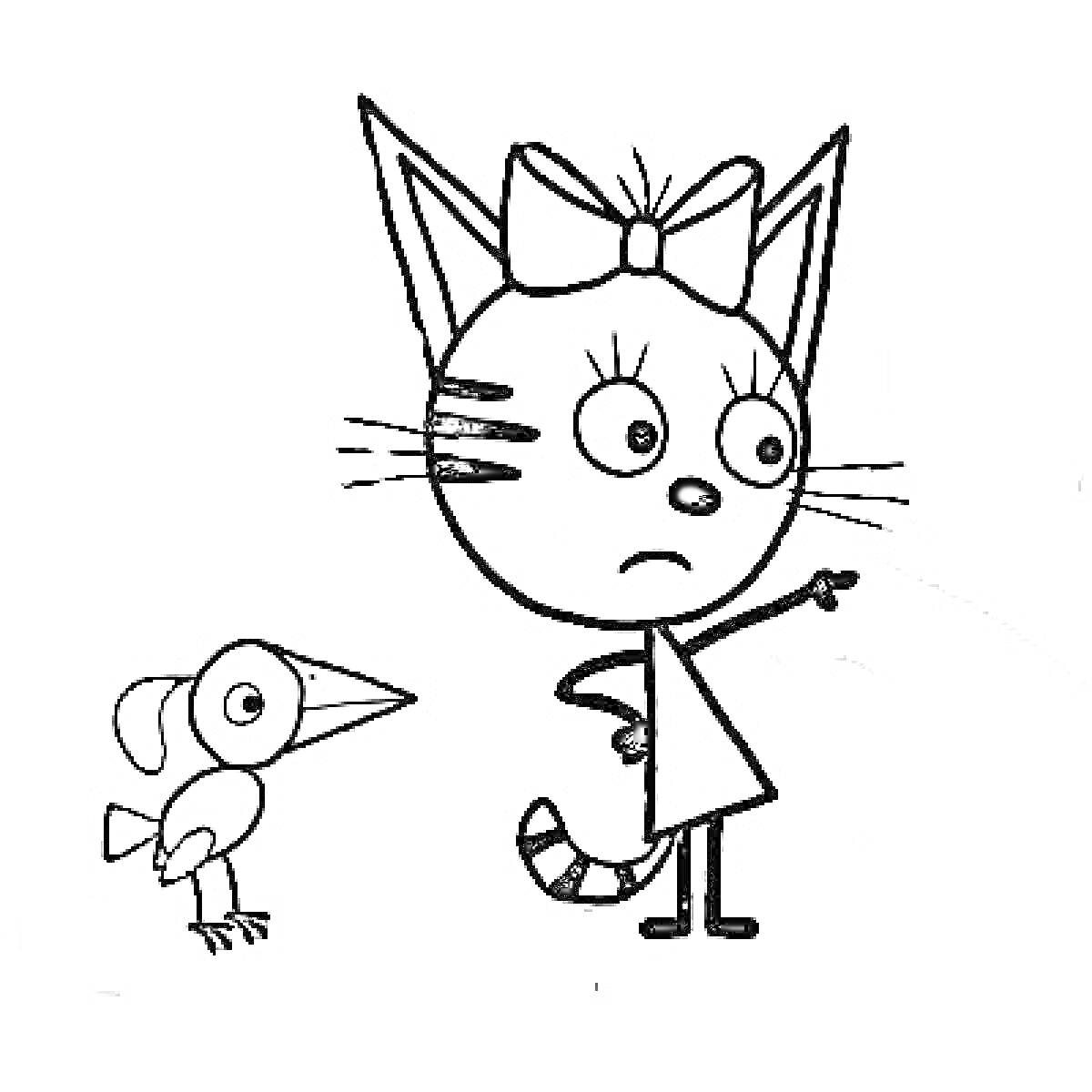 Раскраска Кошечка с бантиком и птица, кошечка показывает пальцем