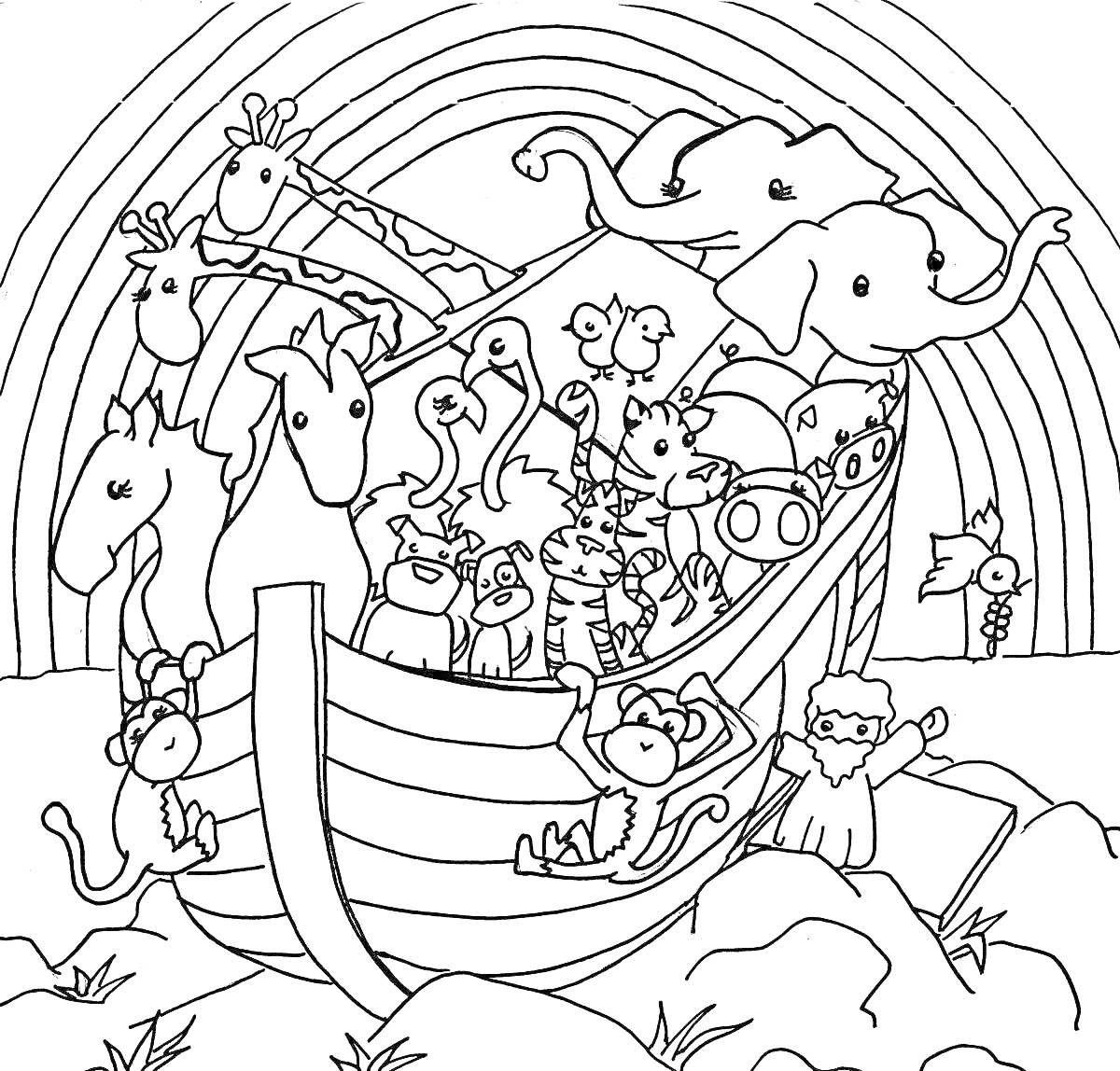 На раскраске изображено: Ной, Ковчег, Жирафы, Зебры, Обезьяны, Лошадь, Животные, Библейская история