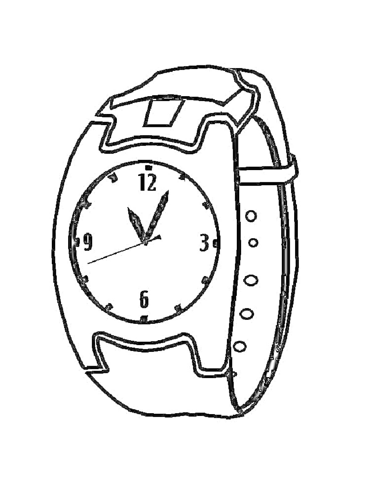 Раскраска Наручные часы с ремешком и цифрами на циферблате