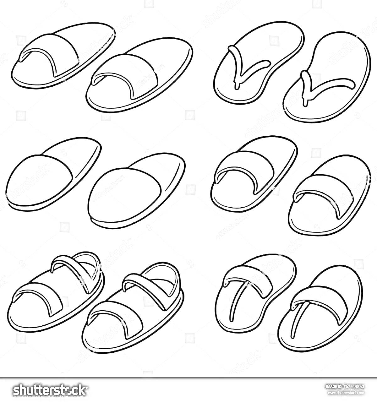 На раскраске изображено: Тапочки, Шлёпанцы, Сандалии, Обувь, Для детей