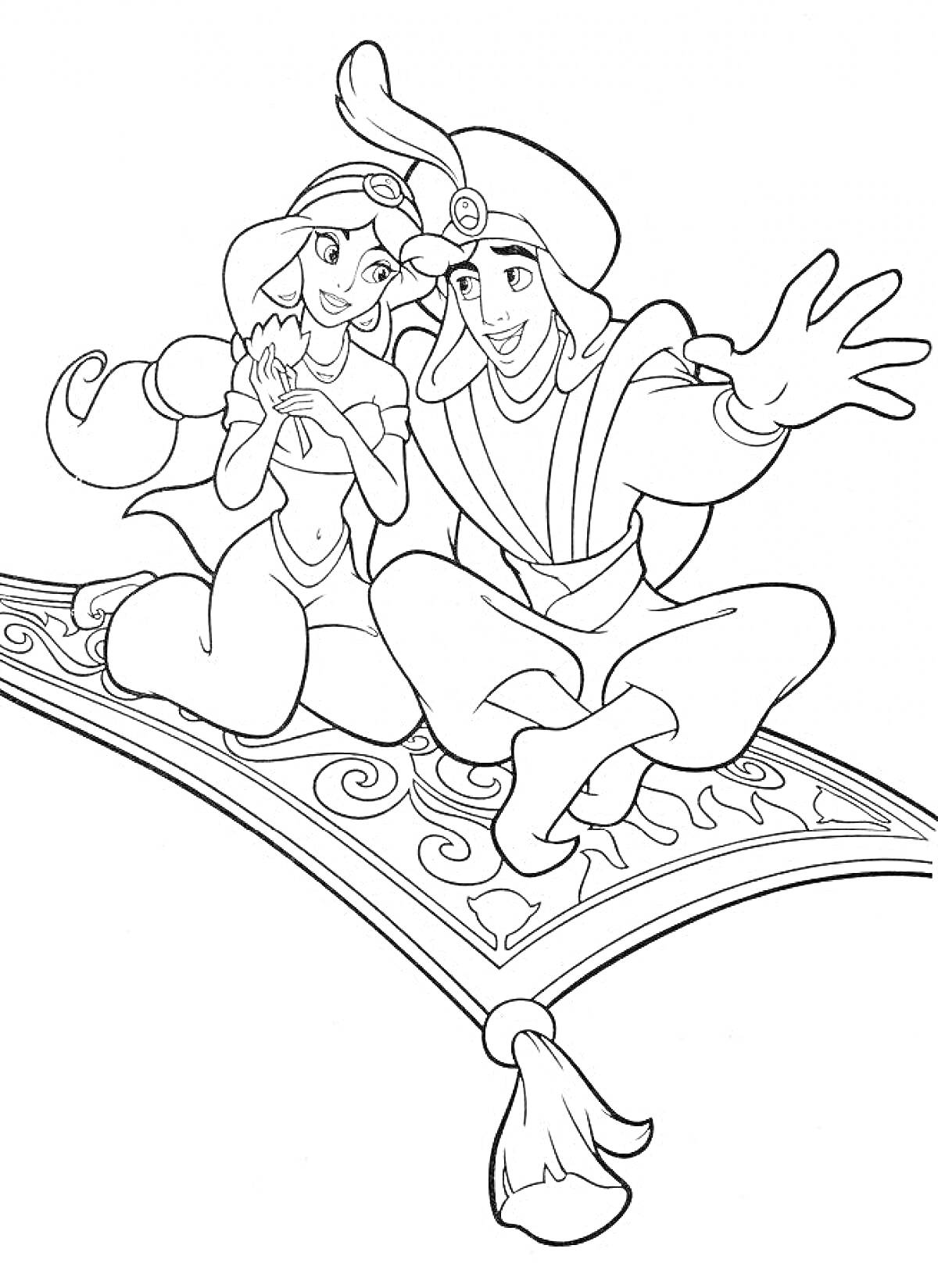 Раскраска Алладин и принцесса Жасмин на летающем ковре