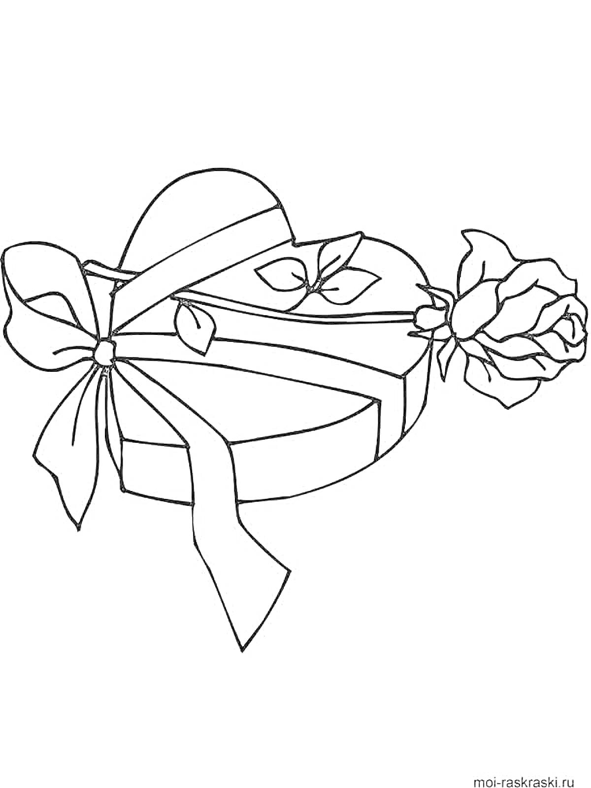 Раскраска Подарочная коробка в форме сердца с бантом и розой