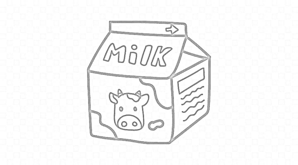 На раскраске изображено: Молоко, Коробка, Корова, Надпись, Напиток, Упаковка, Продукты
