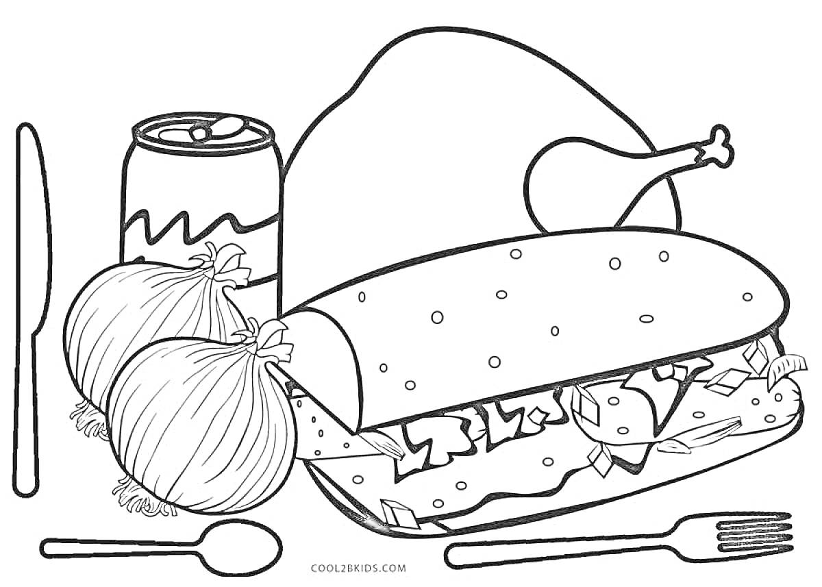 Раскраска Бутерброд с начинкой, два лука, куриный окорочок, банка газировки, нож, вилка и ложка