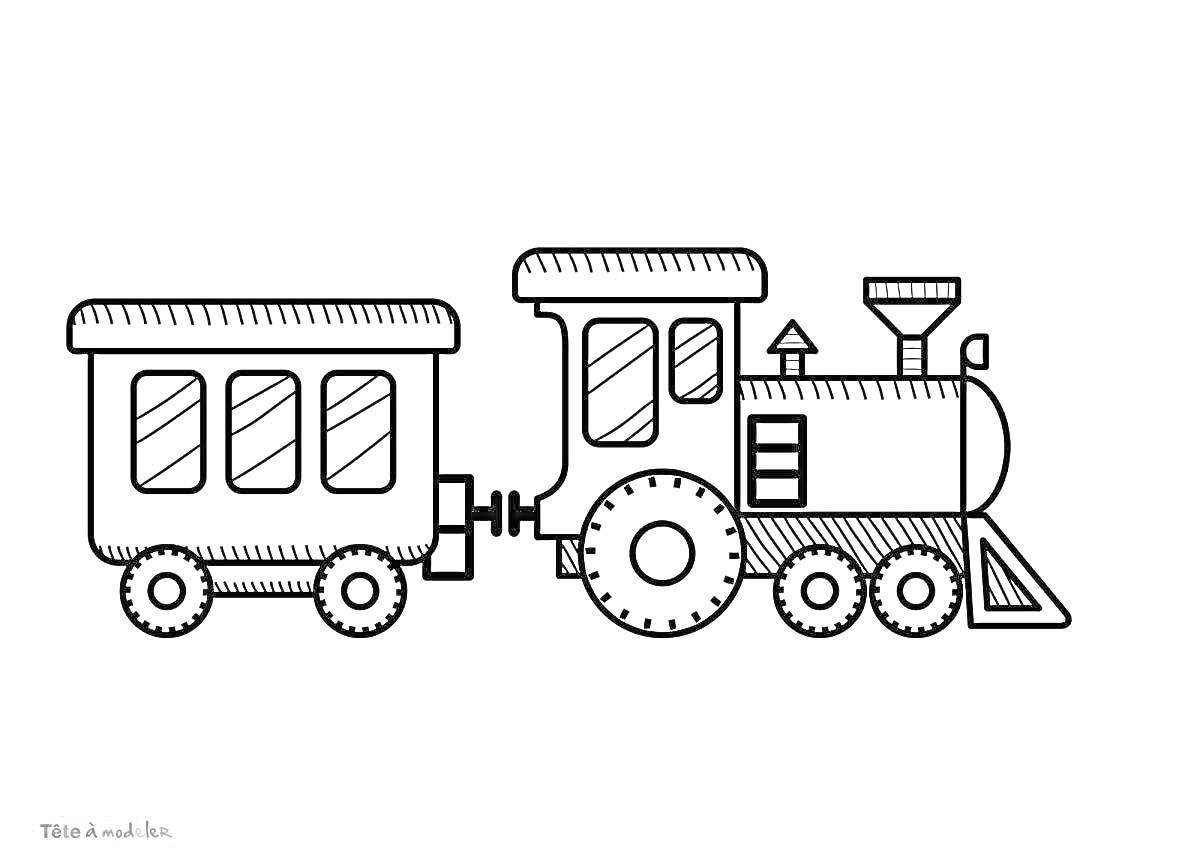 Раскраска Паровозик с одним вагончиком, окна, дымовая труба, колеса, сцепка.