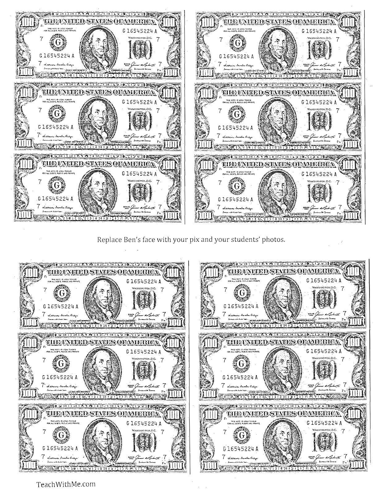 Раскраска Раскраска мини деньги с изображением купюр по 100 долларов с заменяемым лицом