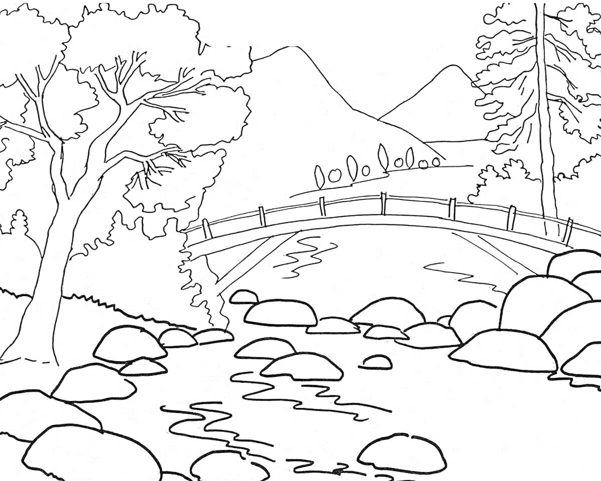 Раскраска Парк с мостом через реку, камнями, деревьями и горами на заднем плане