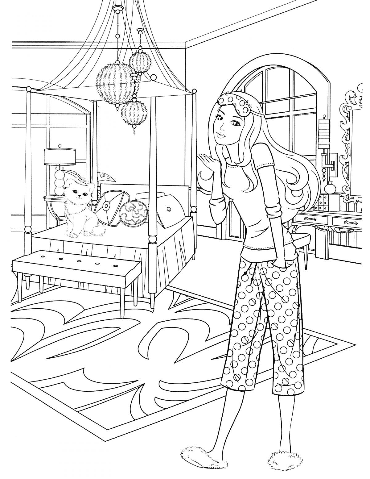 Раскраска Девушка в пижаме с собачкой на кровати в спальне