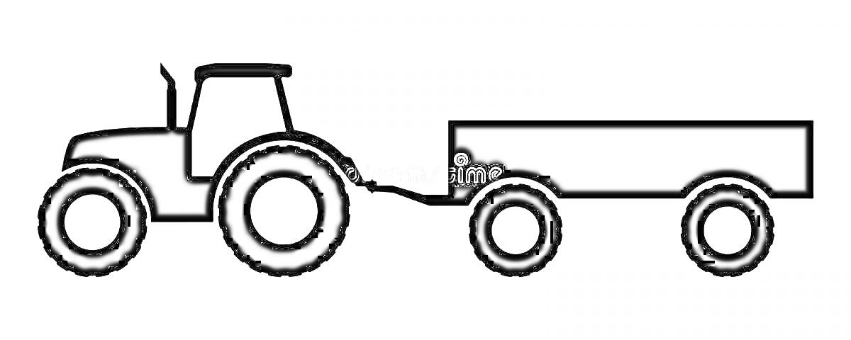 На раскраске изображено: Трактор, Прицеп, Колёса, Сельскохозяйственная техника, Транспорт