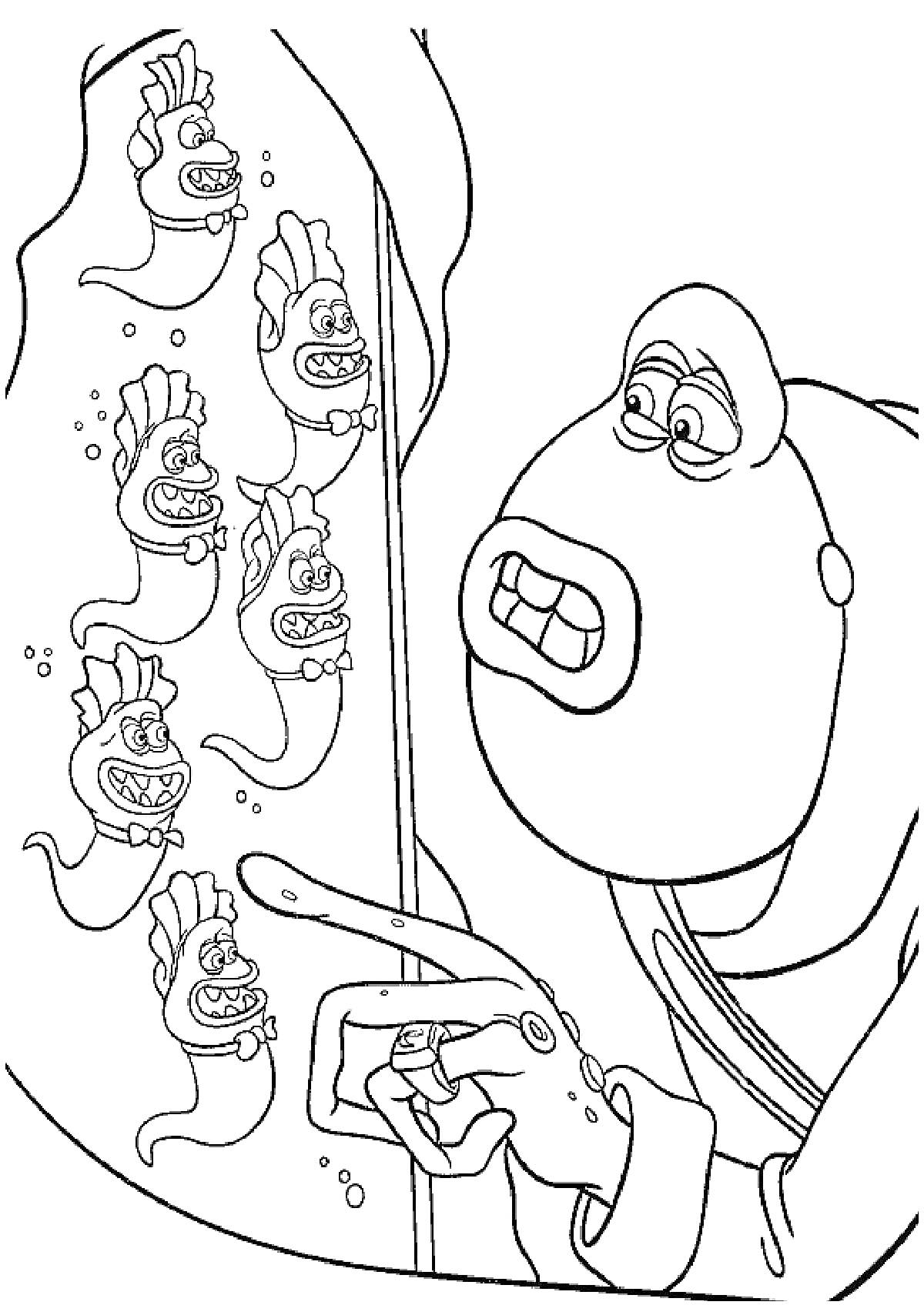 На раскраске изображено: Аквариум, Человек, Мультипликация, Вода, Смывайся!, Пальцы, Звери, Пузыри, Морские животные