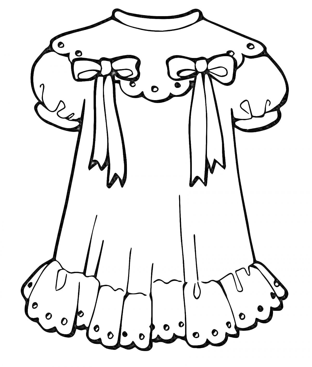 Платье с рукавами-фонариками, ленточками и кружевными элементами