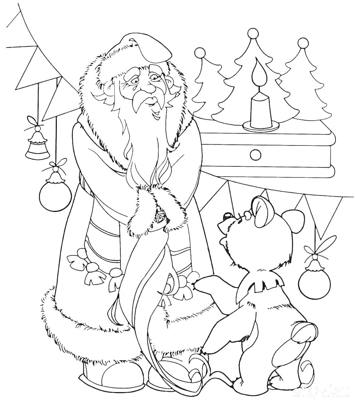 На раскраске изображено: Дед Мороз, Новый год, Гирлянда, Новогодние игрушки, Ёлки, Свечка, Зима