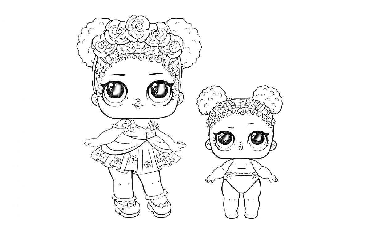Раскраска Кукла Лол Конфетти Поп с украшениями на голове, в платье и туфлях и младший персонаж в подгузнике