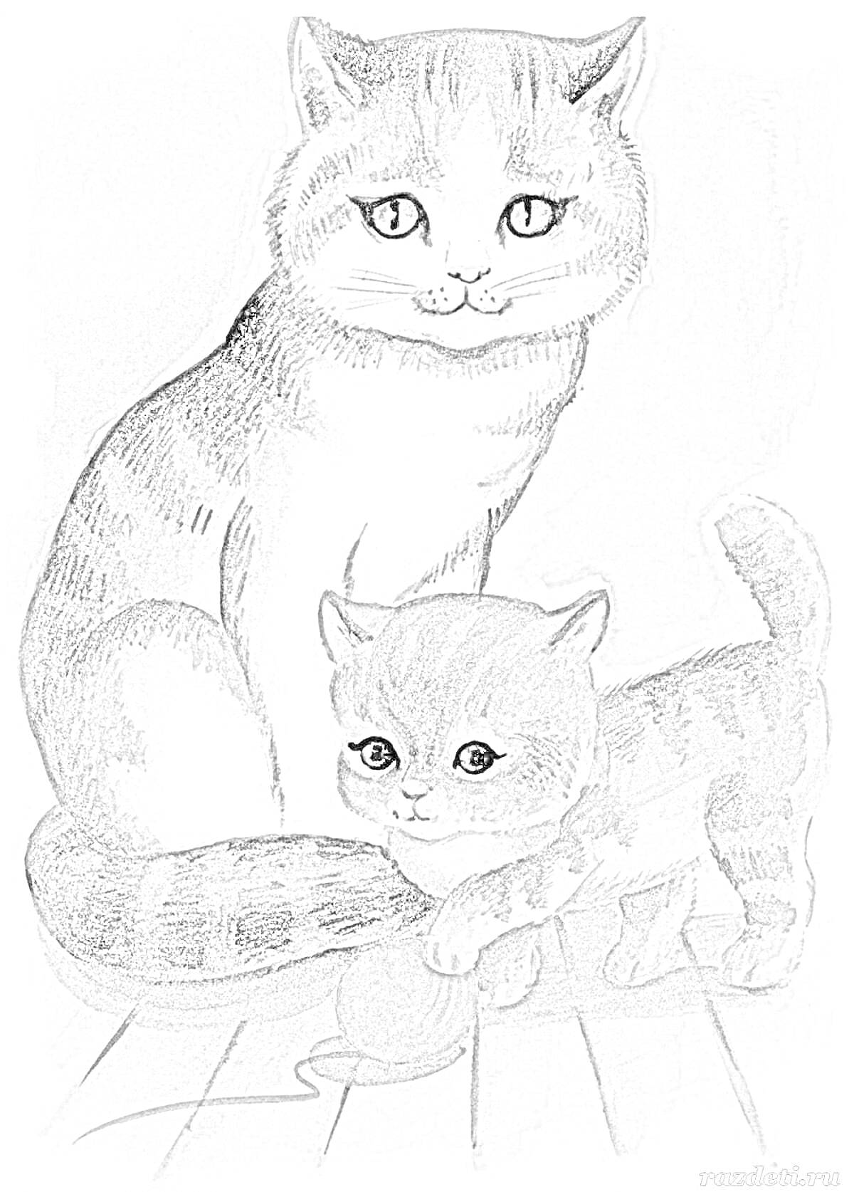 Раскраска Кошка и котенок с клубком в шерсти