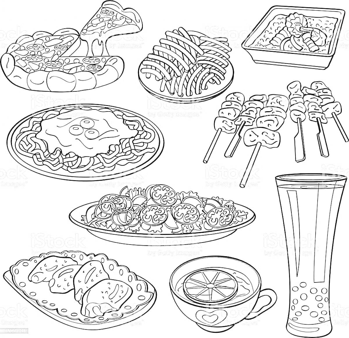 На раскраске изображено: Пицца, Суши, Лапша, Овощи, Чай, Напиток, Яйца, Десерты, Закуски