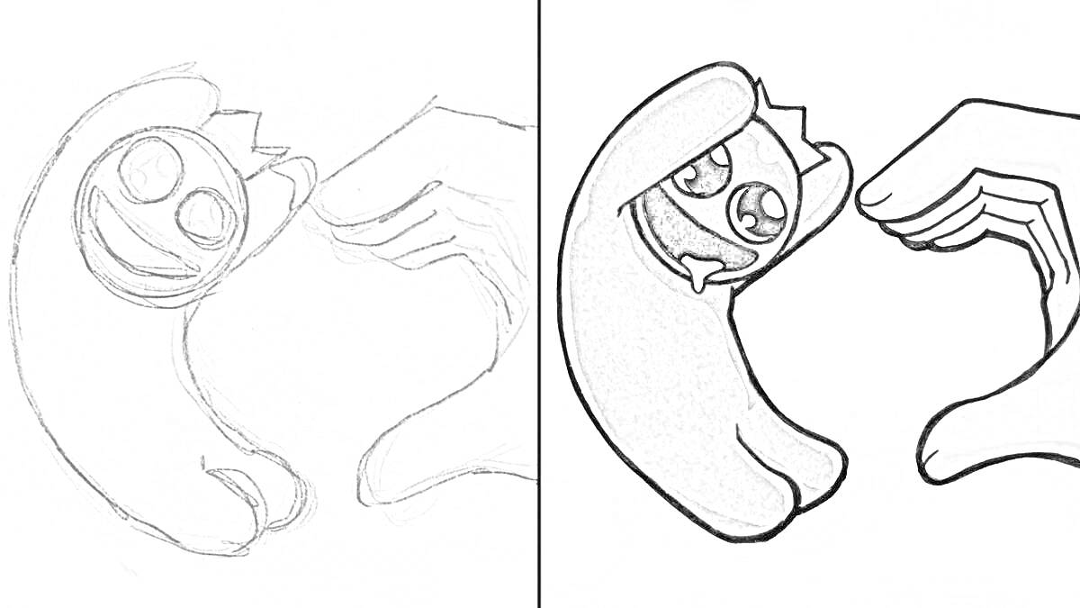 Раскраска Радужные друзья Roblox: Два персонажа с улыбками, образующие сердечко руками (этапы раскраски)
