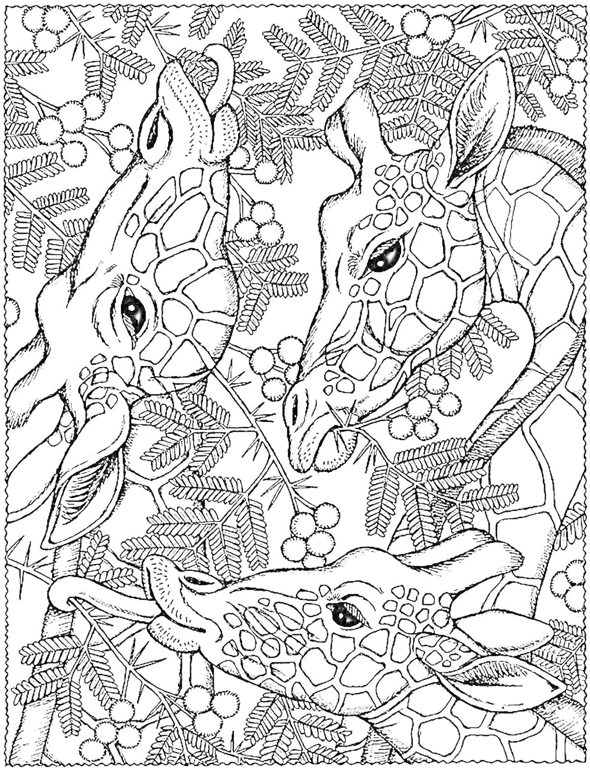 На раскраске изображено: Жирафы, Листва, Ягоды, Контурное изображение, Природа, Детализированное изображение