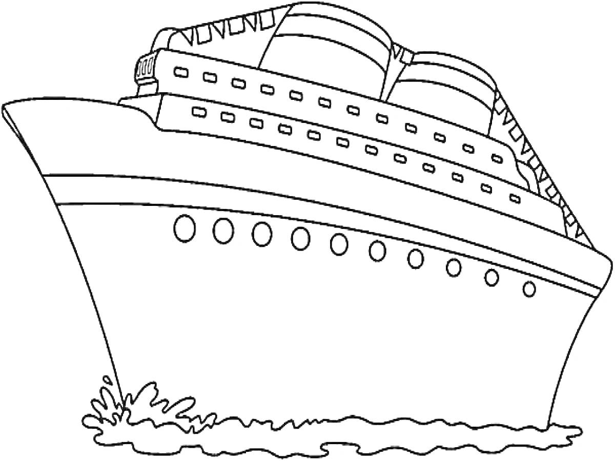 На раскраске изображено: Титаник, Корабль, Волны, Морское путешествие, Для мальчиков, Пароход