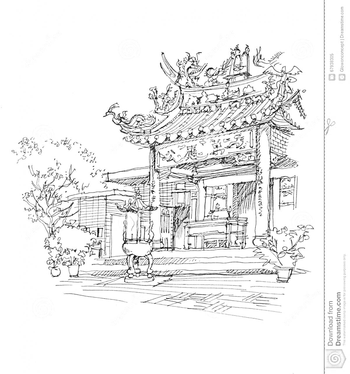 Раскраска Китайский дом с традиционной архитектурой, декорированный драконами, с колоннами и растениями в горшках на переднем плане