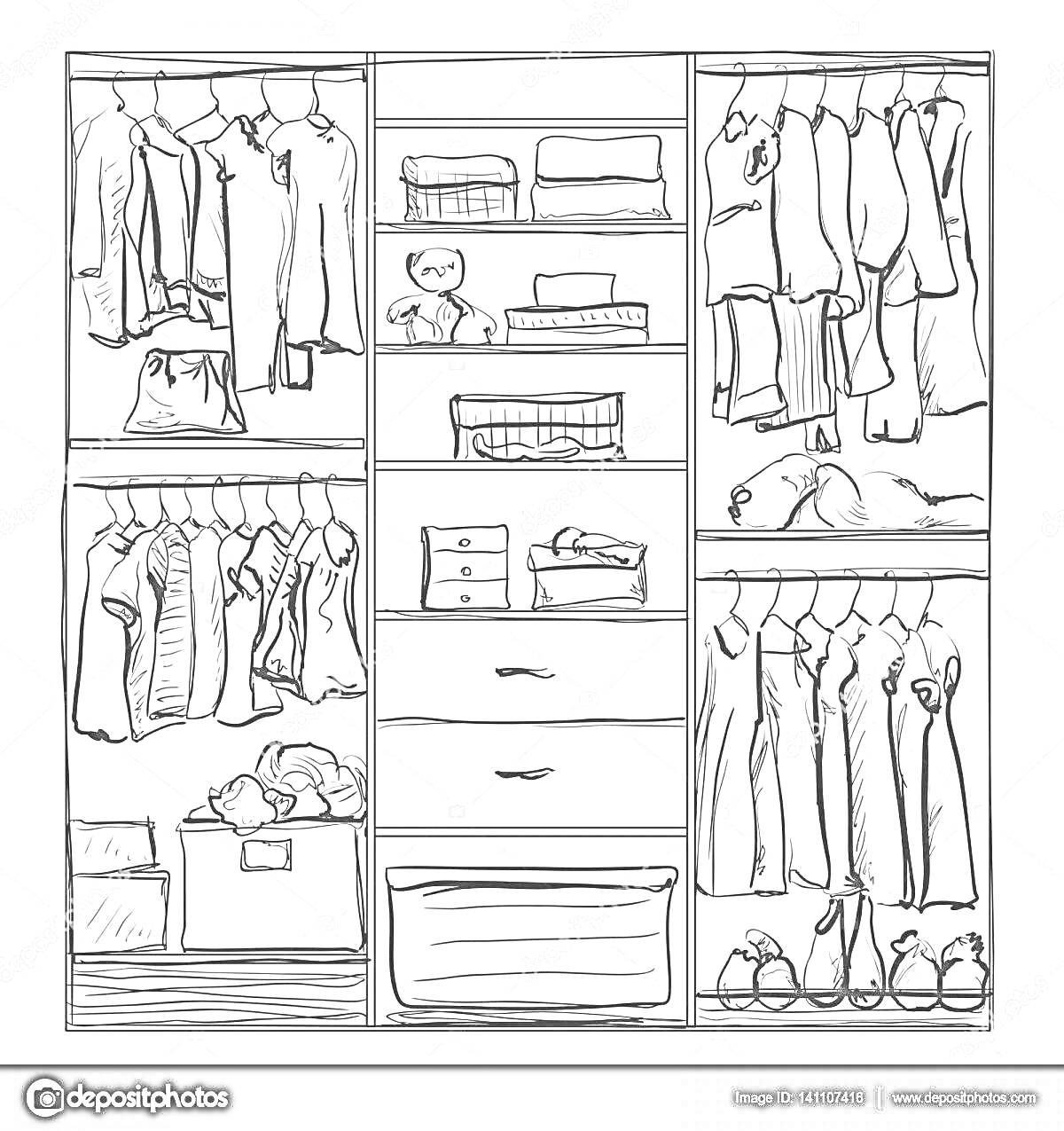 На раскраске изображено: Шкаф, Одежда, Полки, Вешалки, Рубашки, Ящики, Хранение