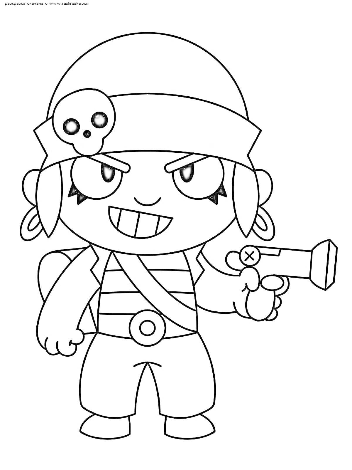 Раскраска Персонаж Честер из Brawl Stars в пиратском костюме с повязкой на голове, пистолетом, черепом на повязке и рюкзаком
